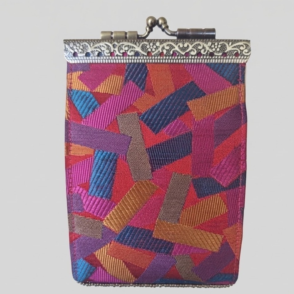 Cathayana Silk Ribbon Weave Accordion Card Case Wallet Antique Brass Kiss Lock